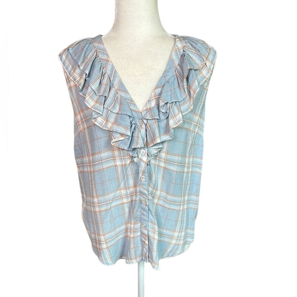 Veronica Beard Blue Plaid Ruffled Sleeveless Blouse Size M - Picture 6 of 6